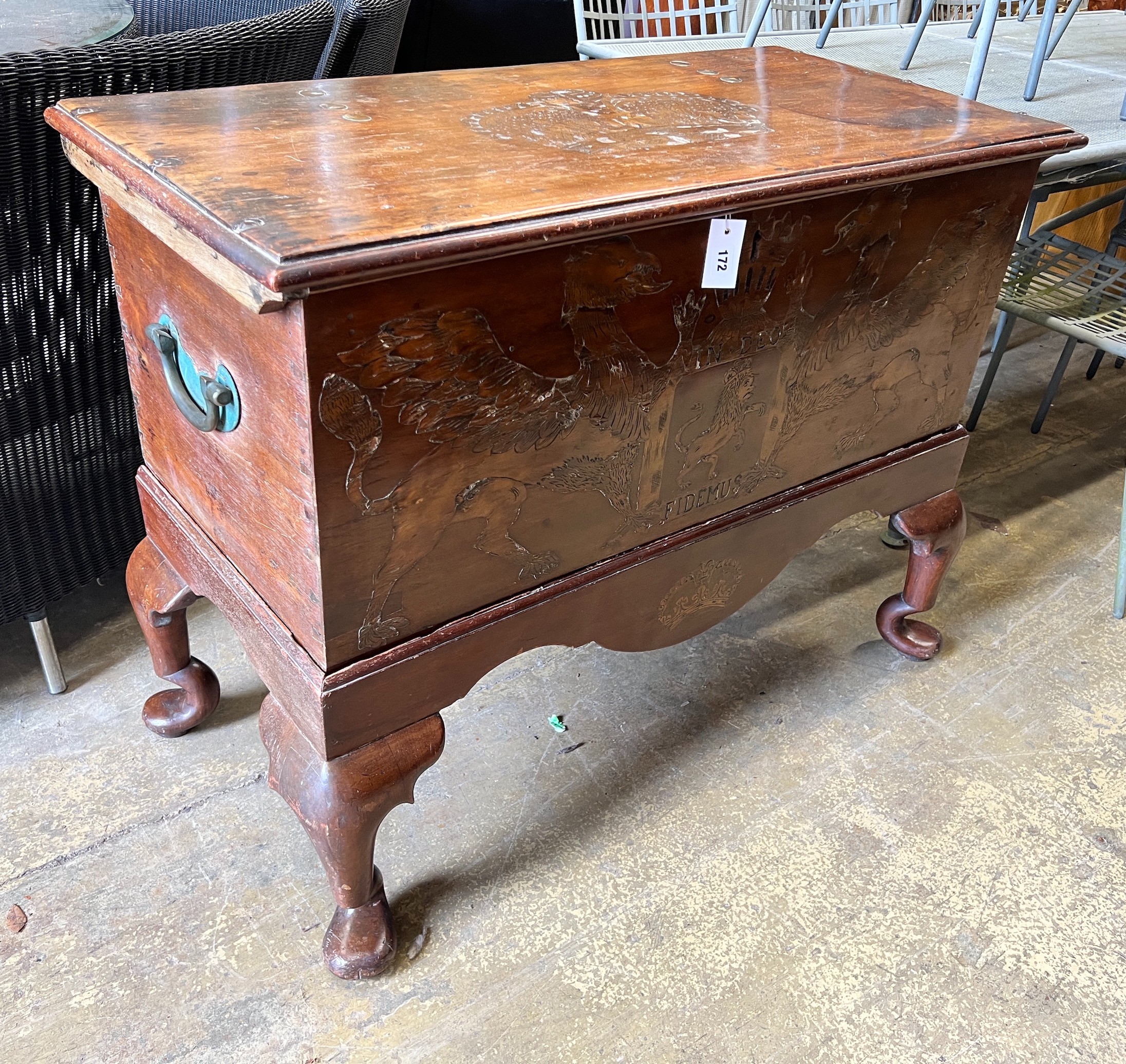 An 18th century and later inlaid walnut coffer on stand, length 112cm, depth 53cm, height 84cm